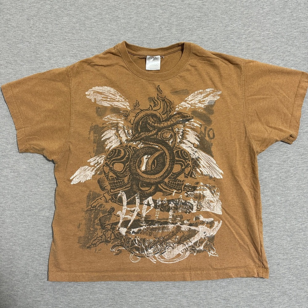 Womens Snake Skull Wings Graphic Tee Y2K Grunge Biker Brown Unbranded Vintage